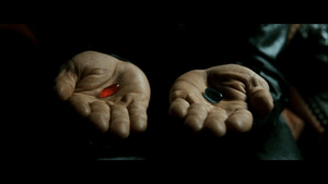 Red pill and blue pill from the movie the Matrix